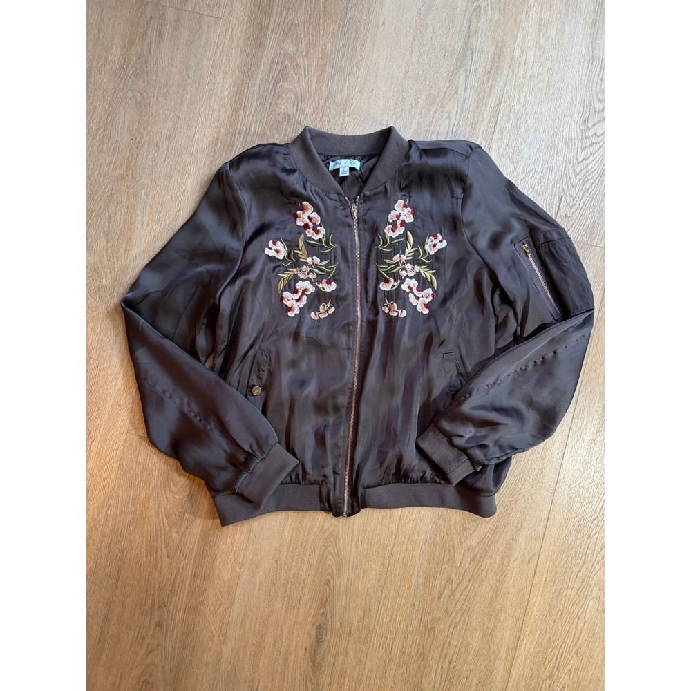 Embroidered Bomber Jacket Gray Satin Full Zip Large Whimsigoth Streetwear